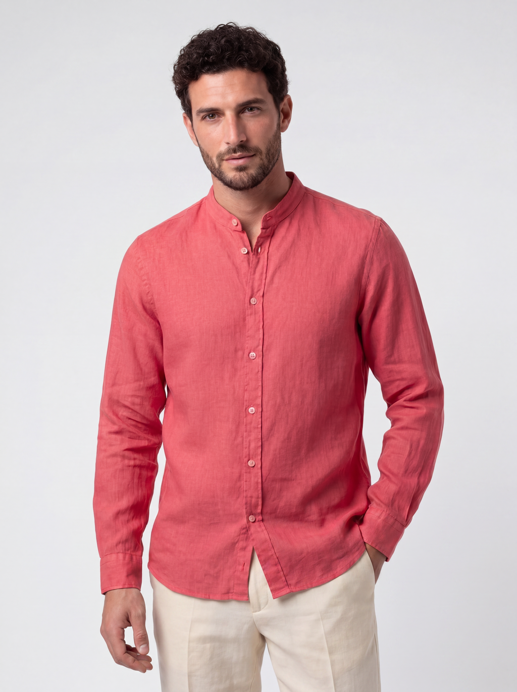 CAMICIA 100% LINO MANICA LUNGA COLLO COREANO