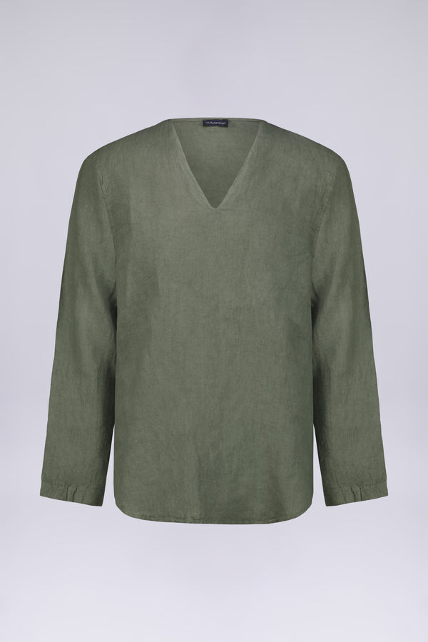 CAMICIA 100% LINO COLLO A V SENZA BOTTONI MANICA LUNGA
