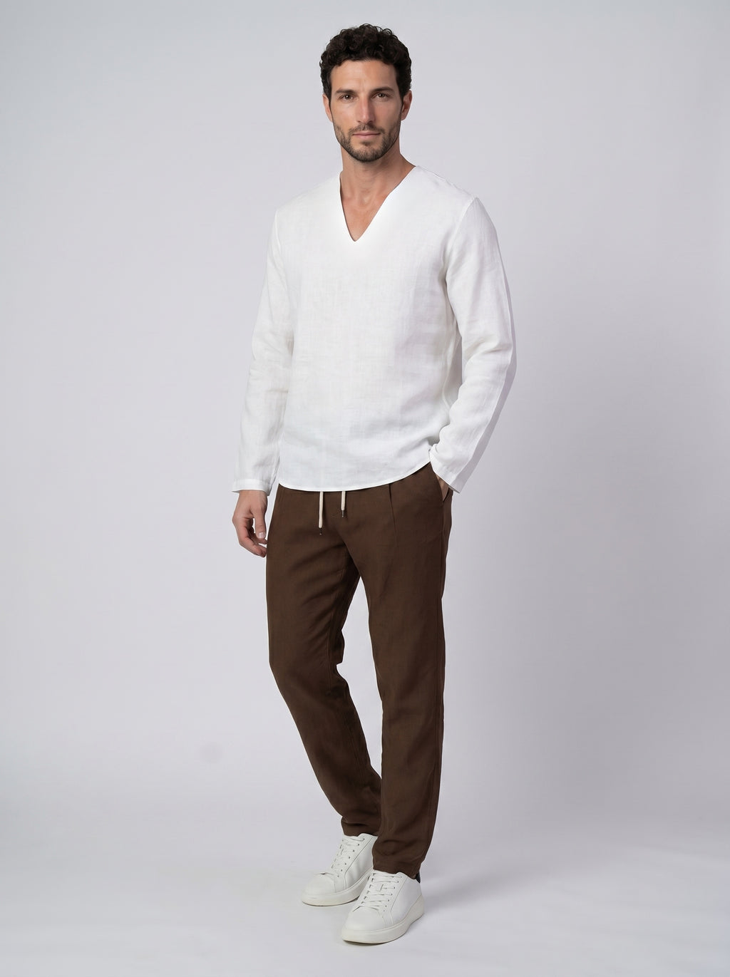 CAMICIA 100% LINO COLLO A V SENZA BOTTONI MANICA LUNGA