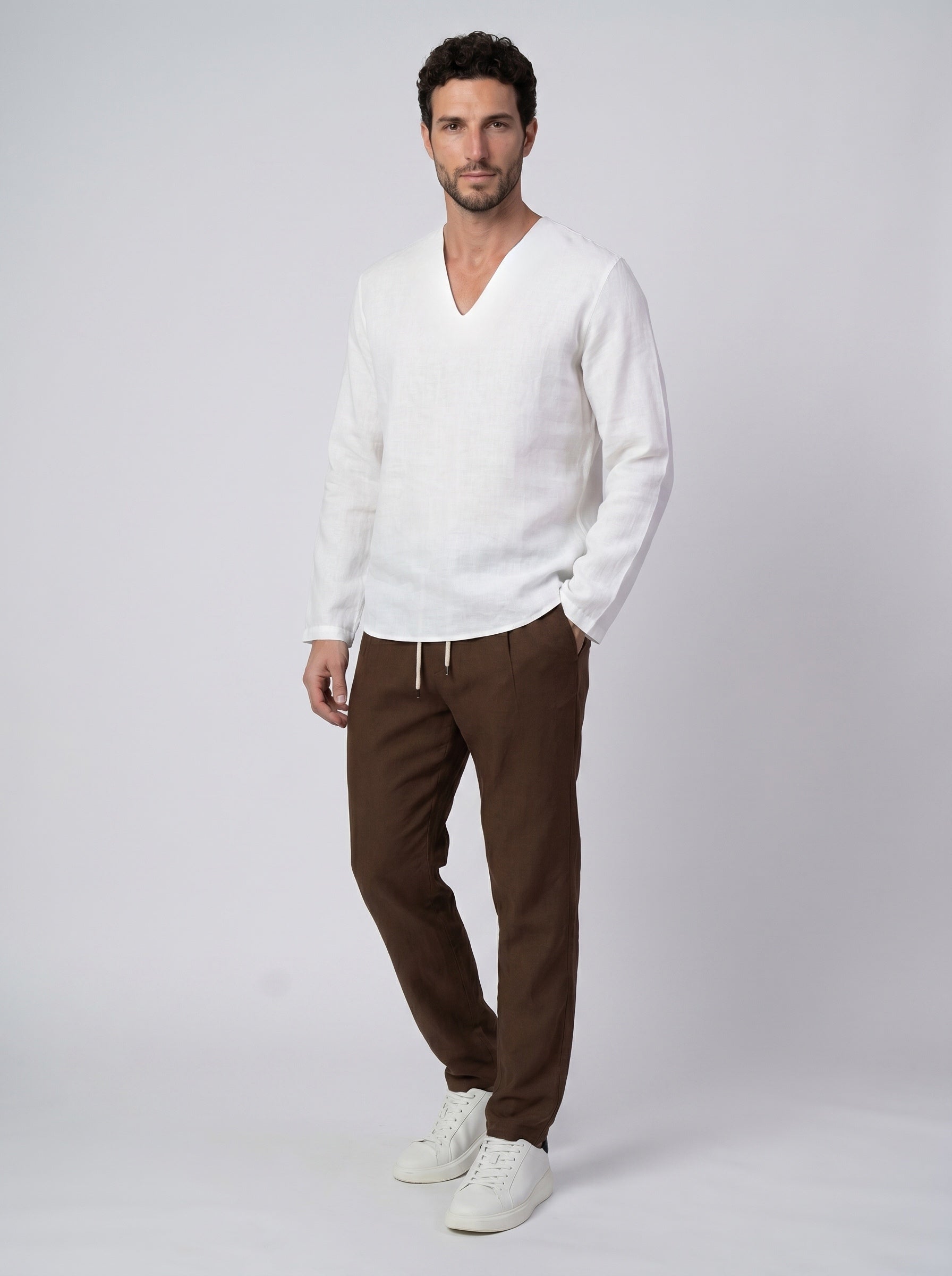 CAMICIA 100% LINO COLLO A V SENZA BOTTONI MANICA LUNGA