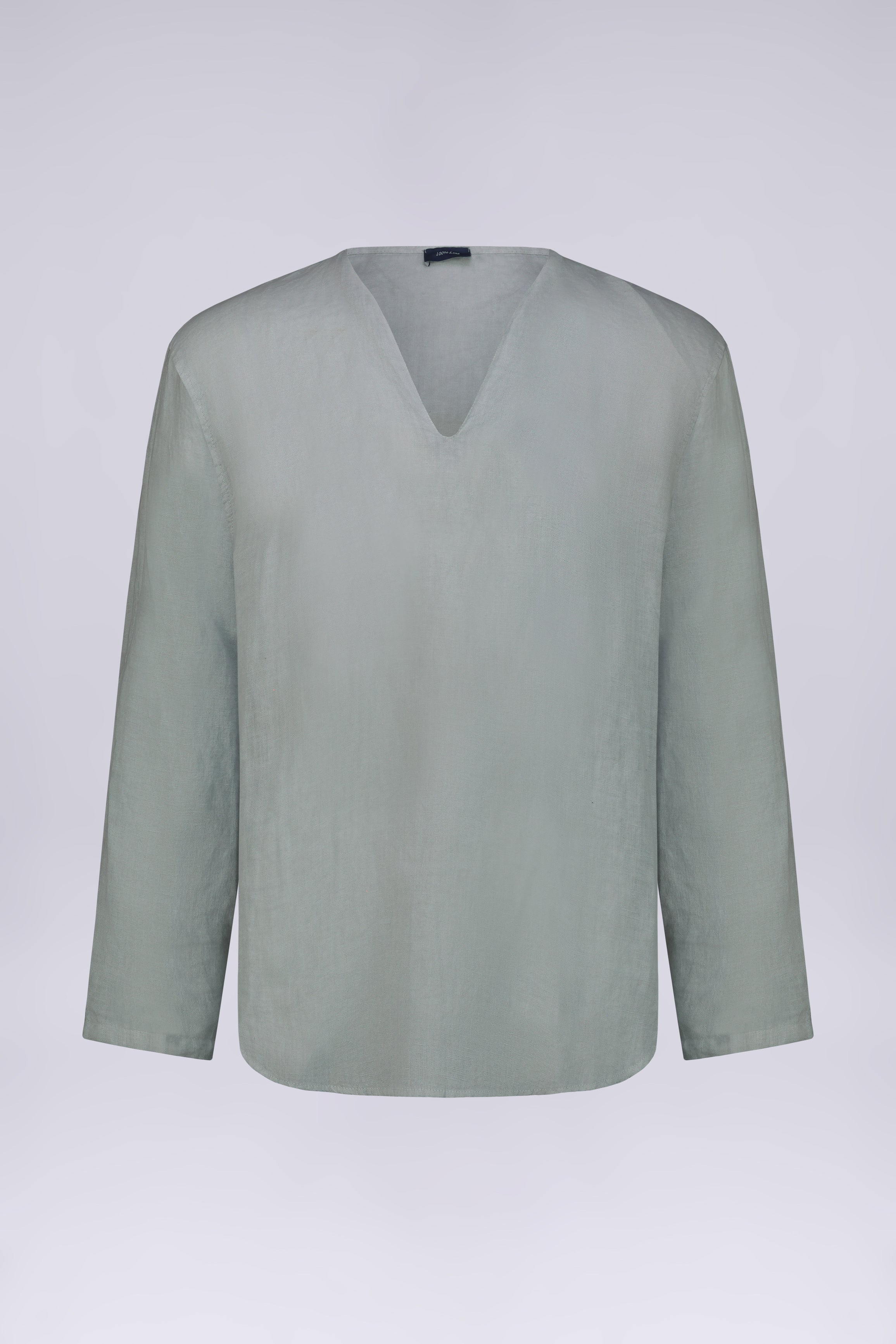 CAMICIA 100% LINO COLLO A V SENZA BOTTONI MANICA LUNGA