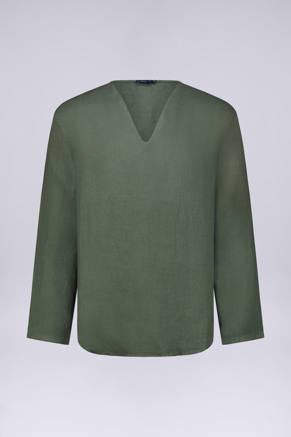 CAMICIA 100% LINO COLLO A V SENZA BOTTONI MANICA LUNGA