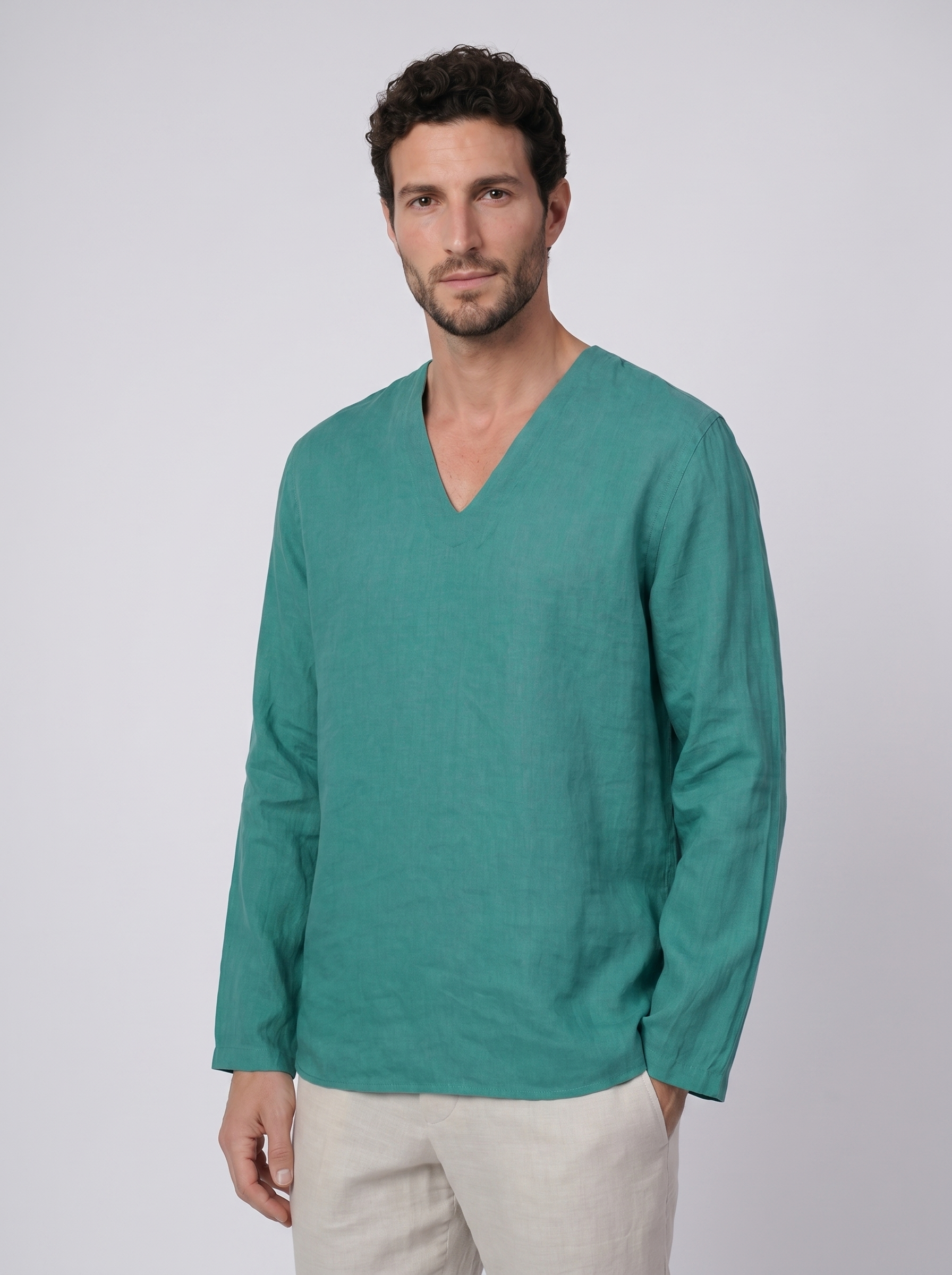 CAMICIA 100% LINO COLLO A V SENZA BOTTONI MANICA LUNGA